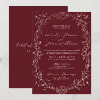 Convite Casamento de Foto Floral Burgundy Clássico Dinheir