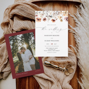 Convite Casamento de Foto Floral Burgundy de Flores Selvag