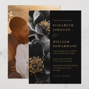 Convite Casamento de Foto Floral Chic Elegante Preto e Dou