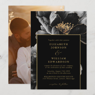 Convite Casamento de Foto Floral Chic Elegante Preto e Dou