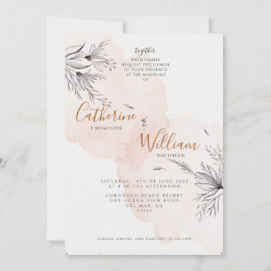 Convite Casamento de Foto Floral Cinza Rosa Pêssego