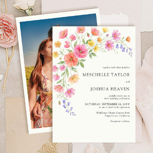 Convite Casamento de Foto Floral com Aquarela Rosa Laranja