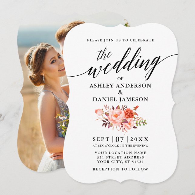 Convite Casamento de Foto Floral Coral Calliografia Elegan (Frente/Verso)