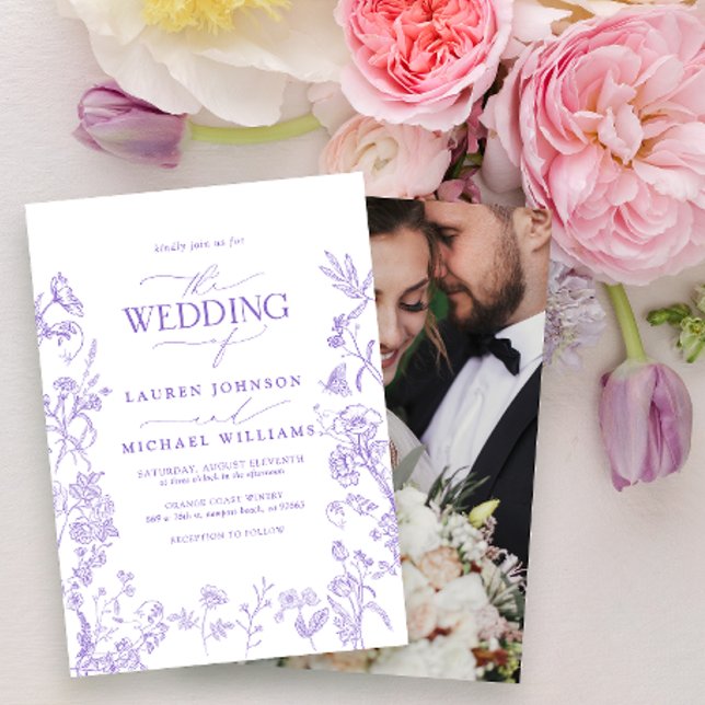 Convite Casamento de Foto Floral da Lavanda Chinoiserie (Criador carregado)