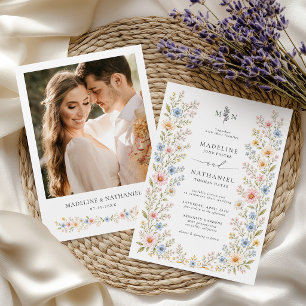 Convite Casamento de Foto Floral de Aquarela de Flor Silve