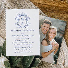 Convite Casamento de Foto Floral de Chinoiserie Azul Elega