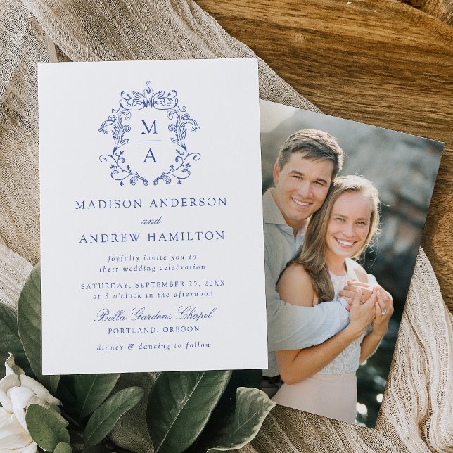 Convite Casamento de Foto Floral de Chinoiserie Azul Elega (Criador carregado)