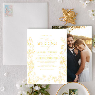 Convite Casamento de Foto Floral de Chinoiserie Dourada El