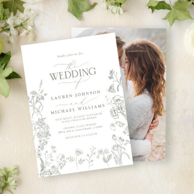 Convite Casamento de Foto Floral de Chinoiserie Verde Eleg (Criador carregado)