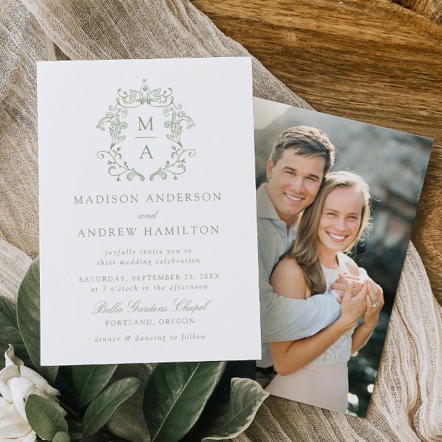 Convite Casamento de Foto Floral de Chinoiserie Verde Eleg (Criador carregado)