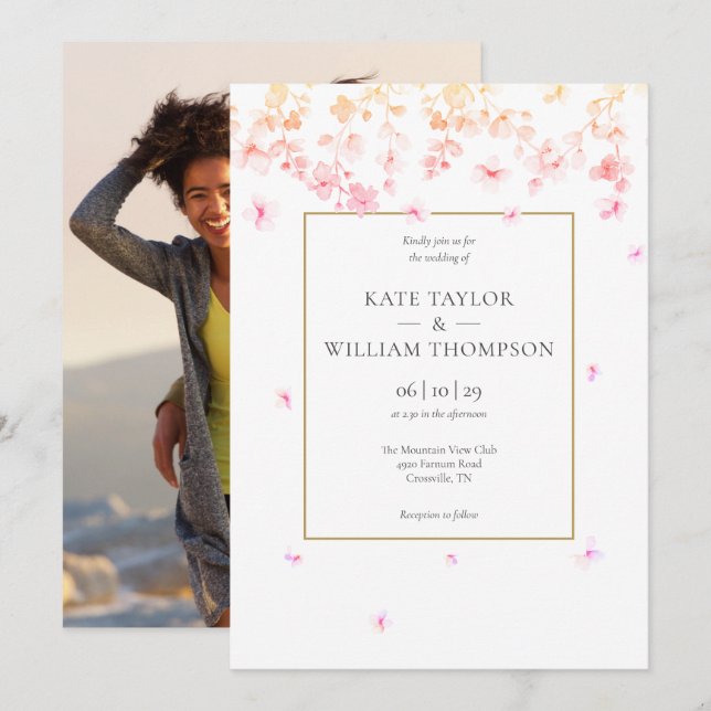 Convite Casamento de Foto Floral de Flor de Pessegueiro (Frente/Verso)