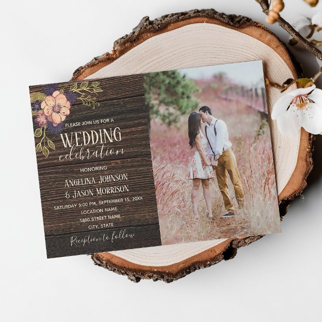 Convite Casamento de Foto Floral de Madeira Rústica (Criador carregado)