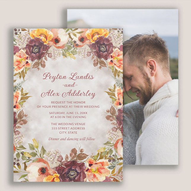 Convite Casamento de Foto Floral de Ourugem Laranja outono (Rust and orange watercolor floral fall wedding photo invitation)