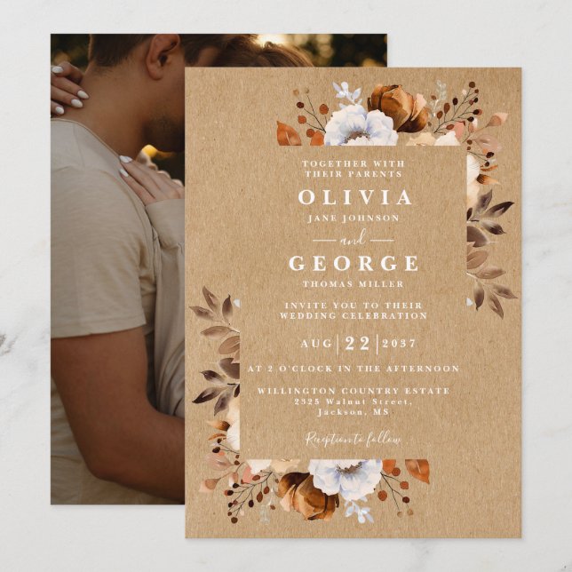 Convite Casamento de Foto Floral de Outono Rústico (Frente/Verso)