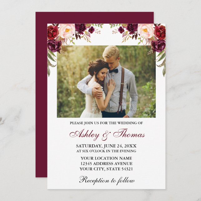 Convite Casamento de Foto Floral de Watercolor Burgundy (Frente/Verso)