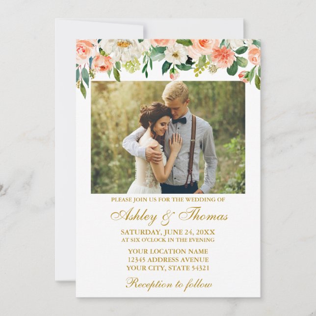 Convite Casamento de Foto Floral de Watercolor Coral Doura (Frente)