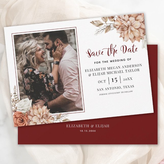 Convite Casamento de Foto Floral do Burgundy Salve a Data (A beautiful fall save the date for your upcoming wedding.)