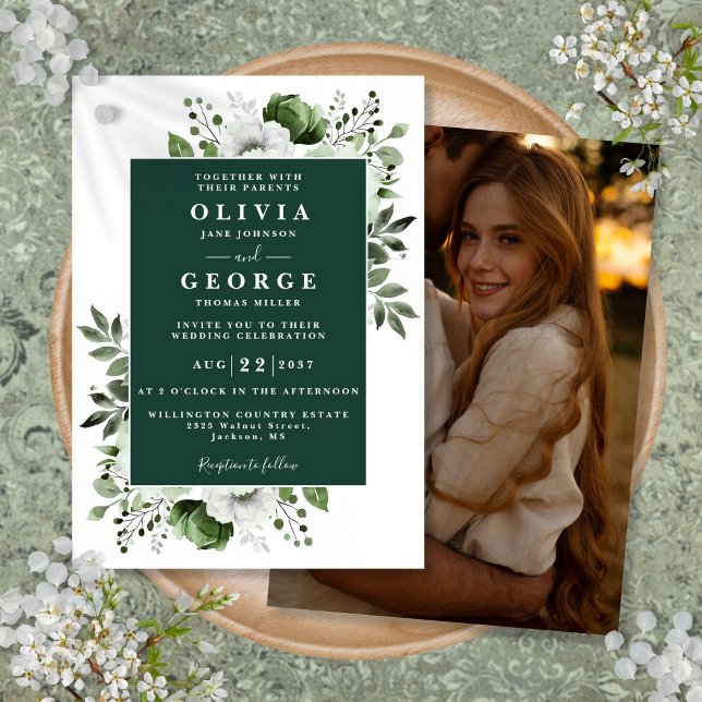 Convite Casamento de Foto Floral Elegante Elegante Emerald (Emerald Green Elegant Floral Photo Wedding Invitation)