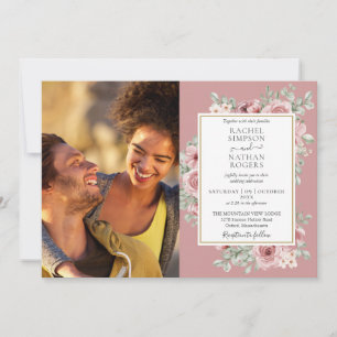 Convite Casamento de Foto Floral em Rose Dourado Desbotado