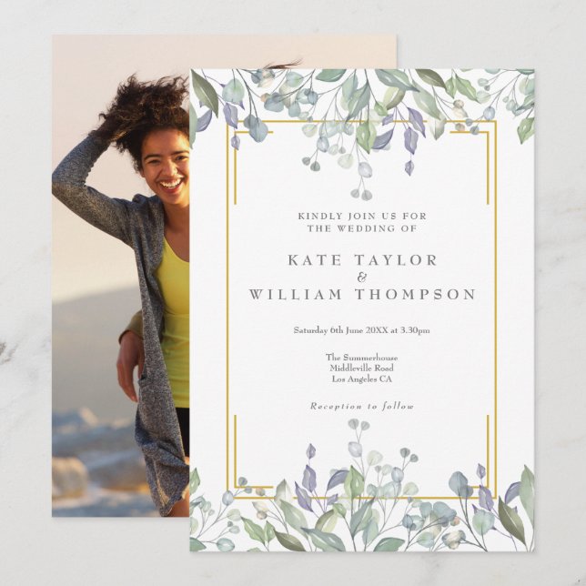 Convite Casamento de Foto Floral Lilás Aquarela Vegetação (Frente/Verso)