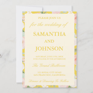 Convite Casamento de Foto Floral Monograma Marfim Amarelo 