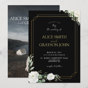 Convite Casamento de Foto Floral Preto e Dourado Elegante