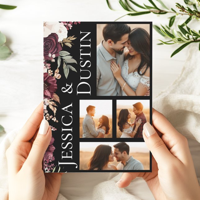 Convite Casamento de Foto Floral Romântica Moderna Burgund (Modern Burgundy Pink Floral Photo Collage Wedding Invitation)