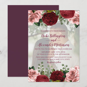 Convite Casamento de Foto Floral Rosa Bege Borgonha Românt