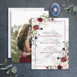 Convite Casamento de Foto Floral Rosa-Rosa Blush Burgundy