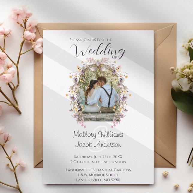 Convite Casamento de Foto Floral Roxo Elegante Moderno (Modern Elegant Purple Floral Photo Arch Wedding Invitation)