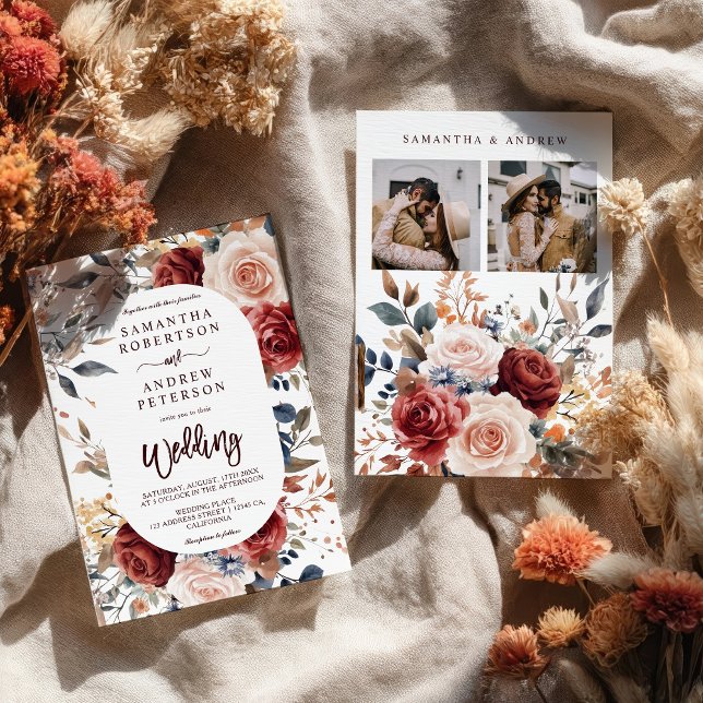 Convite Casamento de Foto Floral Rustic Burnt Orange Boho (Rustic Burnt Orange Boho Floral Photo Wedding Invitation)