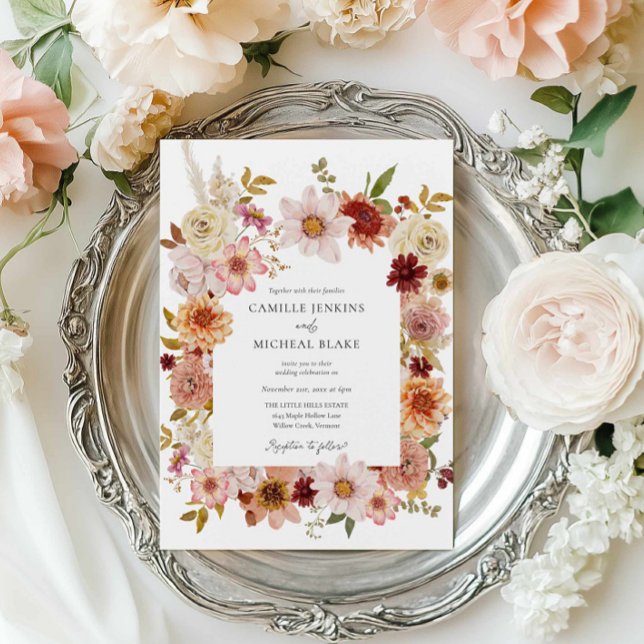 Convite Casamento De Foto Floral Rustic Fall (Boho Fall Floral Photo Wedding Invitation)