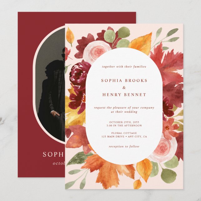 Convite Casamento de Foto Floral Rústico Boho Borgonha (Frente/Verso)