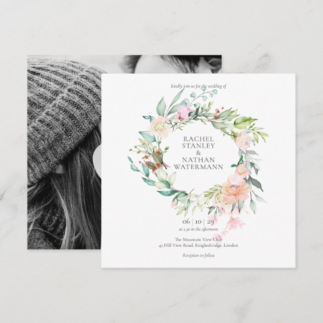 Convite Casamento de Foto Floral Verde Água Elegante (Frente/Verso)