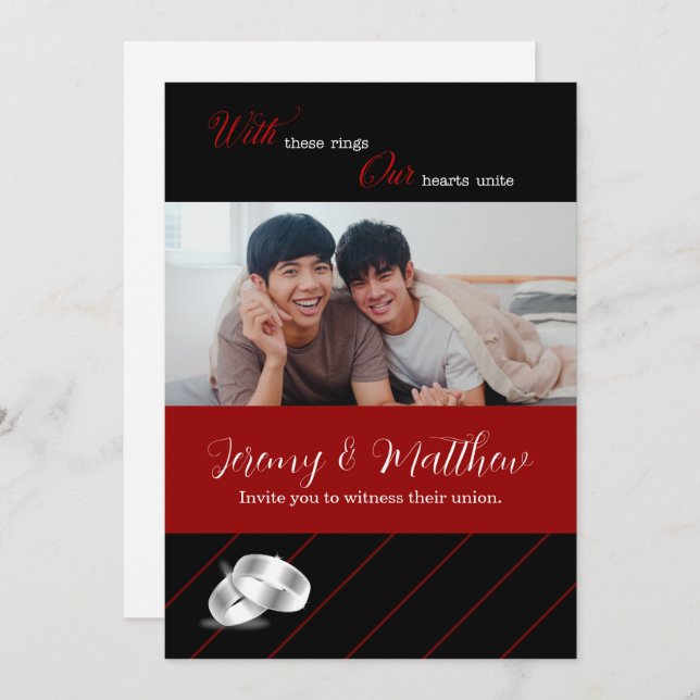 Convite Casamento de Foto gay Wedding Black and Burgundy (Frente/Verso)