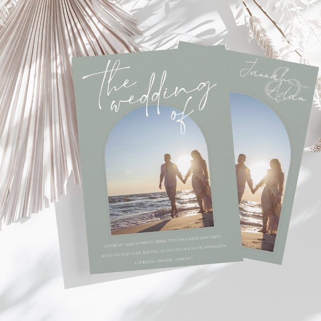 Convite Casamento de Foto Inicial do Arch Verde do Modern  (Criador carregado)
