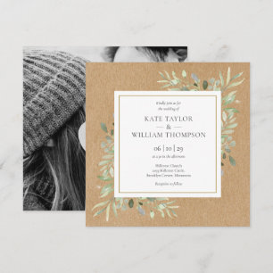 Convite Casamento de Foto Kraft Rústico com Verde