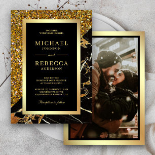 Convite Casamento de Foto Mármore Preto Brilho Dourado