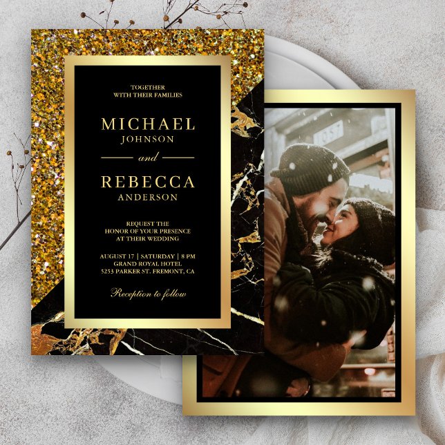 Convite Casamento de Foto Mármore Preto Brilho Dourado (Criador carregado)