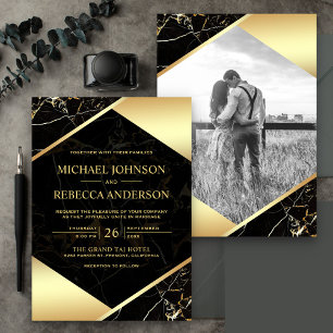 Convite Casamento de Foto Mármore Preto Geométrico Dourado
