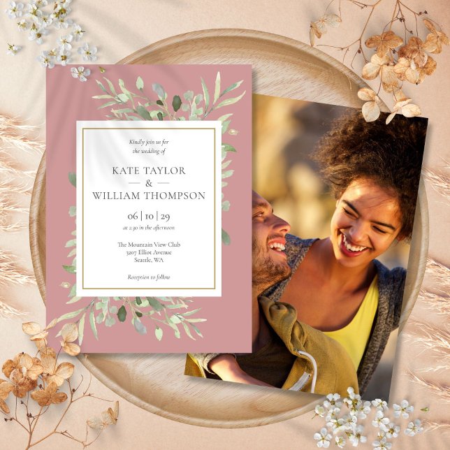 Convite Casamento de Foto Mauve Greenery, Rosa-Rosa, Dusty (Dusty Rose Pink Mauve Greenery Photo Wedding Invitation)