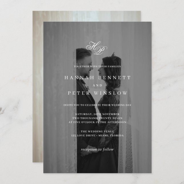 Convite Casamento de Foto Mínimo de Iniciais de Monograma  (Frente/Verso)