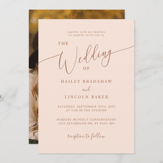 Convite Casamento de Foto Mínimo Dusty Rosa Modern (Frente/Verso)