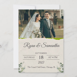 Convite Casamento de Foto Moderna com Papel Rasgado e Verd
