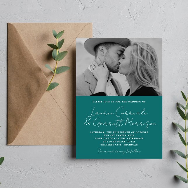 Convite Casamento de Foto Moderno de Teal Simplicity 3 (Criador carregado)