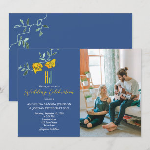 Convite Casamento de Foto Monograma Amarelo Ousado Azul Ma