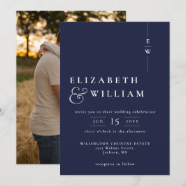 Convite Casamento de Foto Monograma Elegante Moderno Azul 
