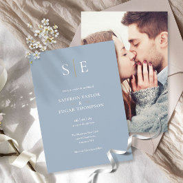 Convite Casamento de Foto Monograma em Azul Empoeirado e D