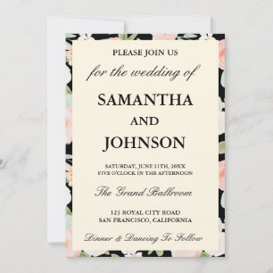 Convite Casamento de Foto Monograma Floral de Marfim Preto