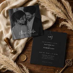 Convite Casamento de Foto Monograma Preto de Luxo